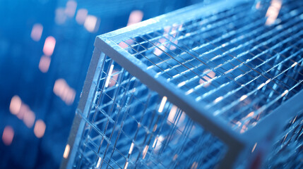 Close up of a metal wire cube structure with blue background and blurred light elements around it