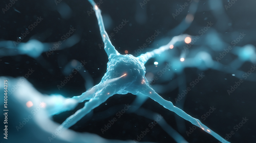 Poster close up view of a blue neuron cell with glowing particles on a dark background in a microscopic ima