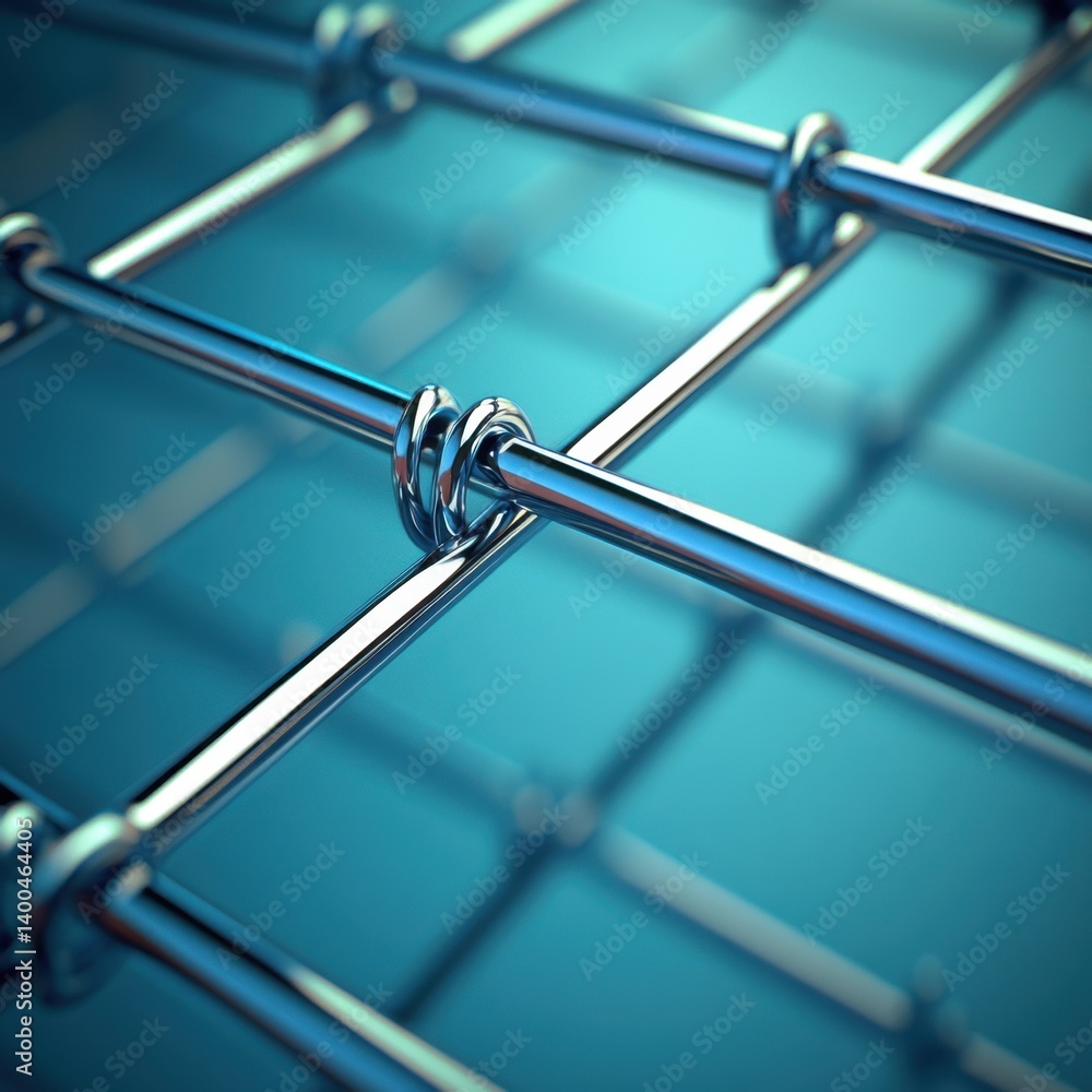 Poster abstract metal grid with blue background reflective surface and interlocking wire mesh design