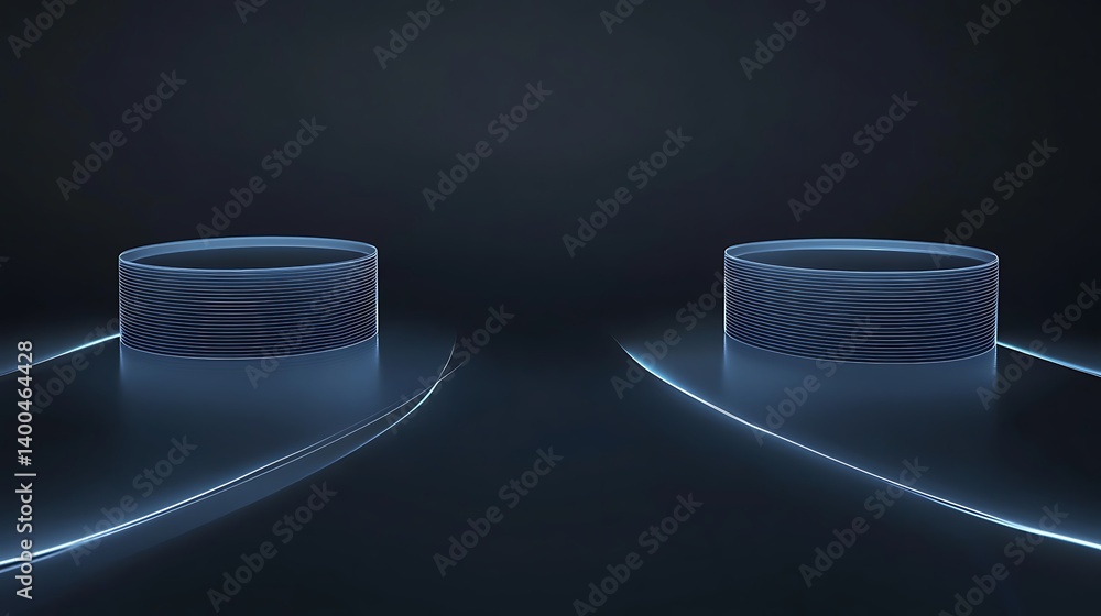 Poster futuristic neon illuminated platforms with sleek designs and smooth reflective surfaces, creating a 