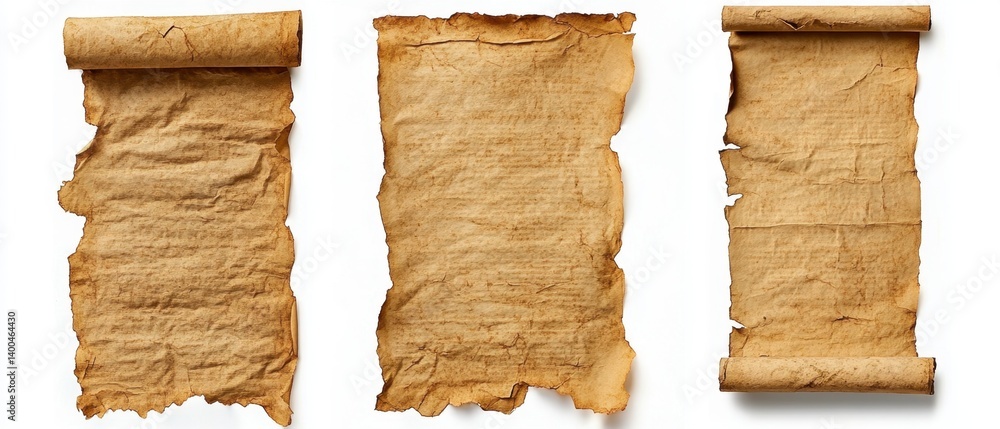 Poster three ancient parchment scrolls on a white background showcasing aged texture and rolled edges for h
