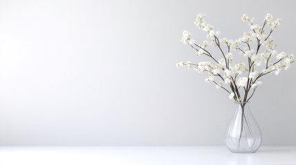 A delicate vase of white flowers on a minimalist white table against a soft grey wall, elegant floral arrangement, and serene home decor concept.