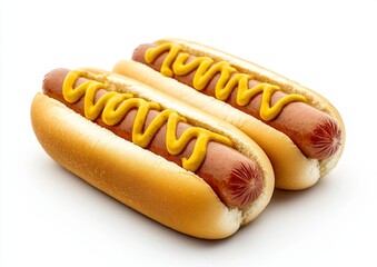 Two classic hot dogs, mustard topping, buns