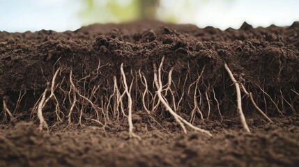 Fototapeta premium Close-up of plant roots in dark soil.