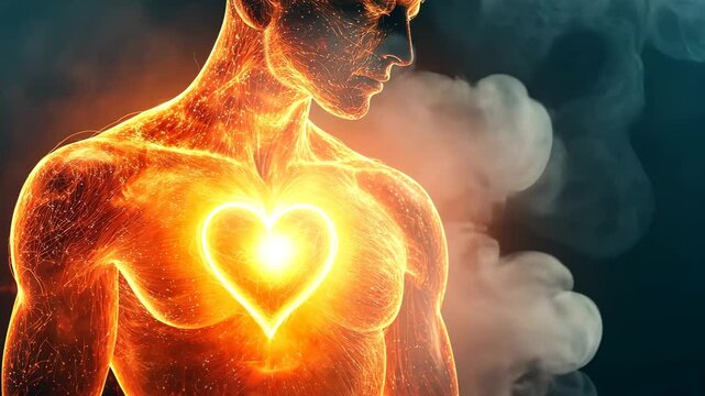 Heart energy in cosmic spirituality and chakra alignment theme. A fiery silhouette of a human figure, with a glowing heart symbol at the chest, surrounded by swirling smoke and energy.