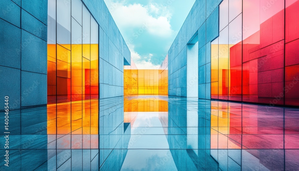 Poster Geometric abstract structure with overlapping shapes and shades of blue in a modern architectural setting