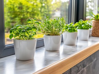 Indoor herb gardening action home window sill plant arrangement natural light close-up view green living concept