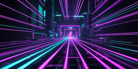 Futuristic Tunnel of Vibrant Purple and Teal Lines Converging Towards Glowing Portal