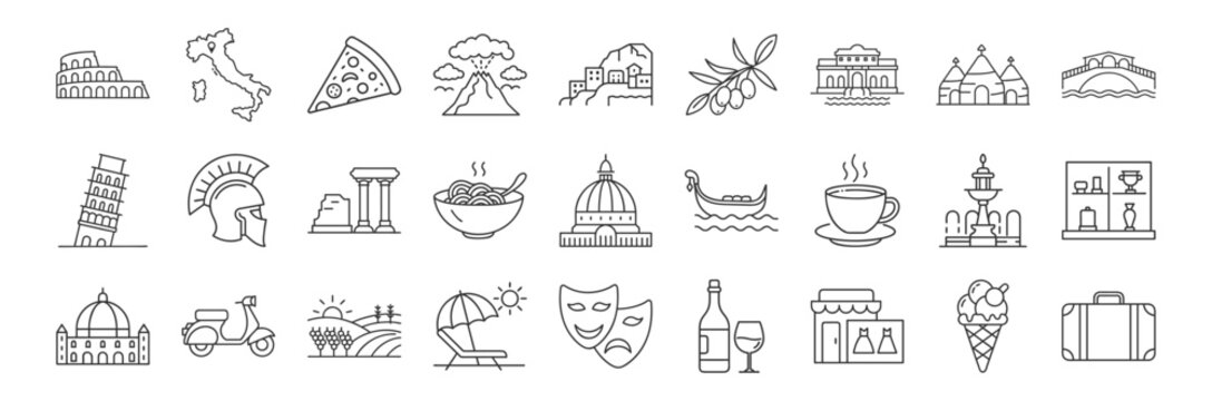 Italy line icon set. Vector pictograms of Travel and Culture - Rome, Colosseum, Pisa Tower, gladiator helmet, pizza, pasta, gelato thin linear illustration.