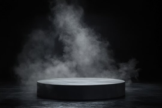 Minimalist concrete podium with dramatic smoke effect against dark background for product showcase or artistic presentation