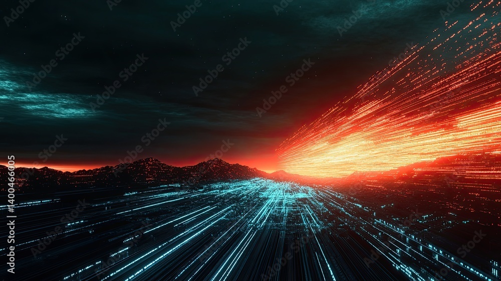 Aufkleber sci-fi landscape with light streams and dark mountains in a digital rendering