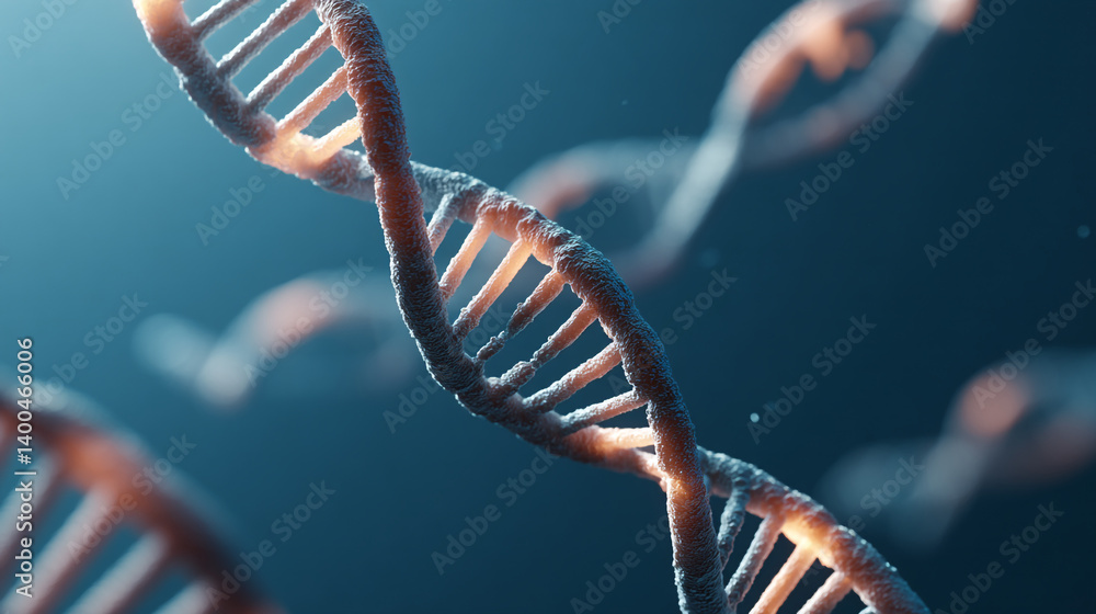 Poster a close up view of a dna double helix structure against a dark blue gradient background image