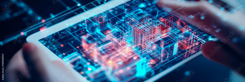 Poster technology concept: tablet displaying abstract digital circuitry