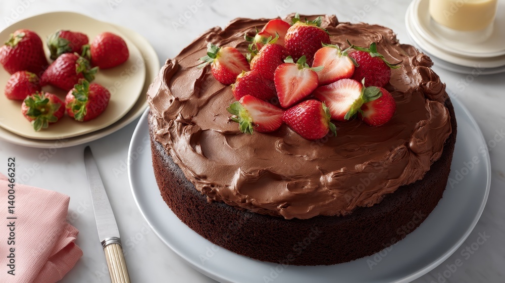 Poster rich, moist chocolate cake topped with glossy frosting and fresh strawberries is displayed on a simp
