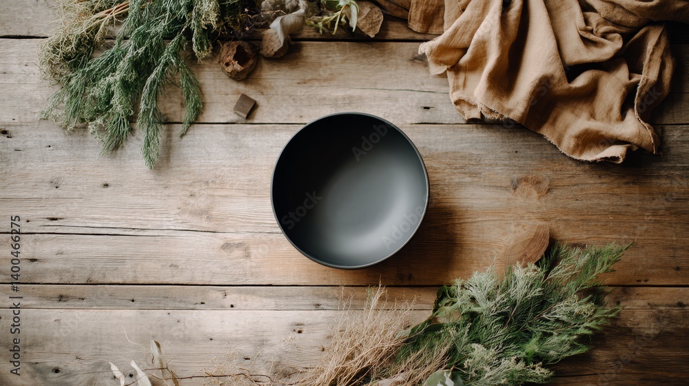 Aufkleber overhead view of a black ceramic bowl placed on a rustic wooden surface, surrounded by herbs and ill
