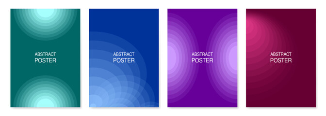 Set of abstract posters. Purple, blue, teal and wine red background designs. Round pattern with gradient transition, blended ovals