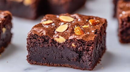 Chocolate brownies with fudgy texture and sprinkled with toasted almonds