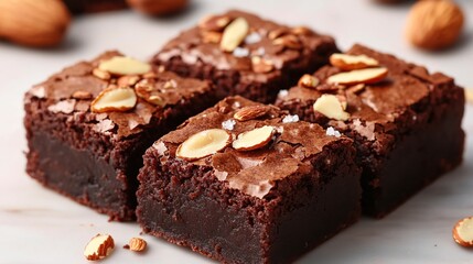 Chocolate brownies with fudgy texture and sprinkled with toasted almonds