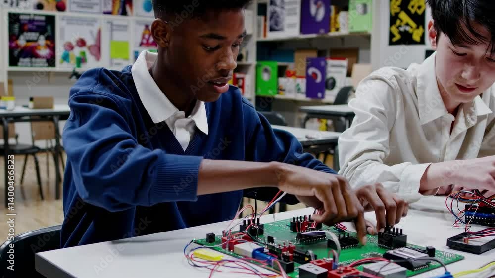 Poster high-angle video shot of focused students working on electronic projects in a tech lab, showcasing t