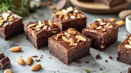 Chocolate brownies with fudgy texture and sprinkled with toasted almonds