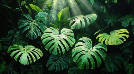 Philodendron Plowmanii Heart Shaped Leaves Tropical Foliage with Exotic Rainforest Plants and Ferns in Ornamental Garden
