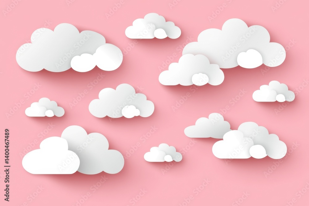 Aufkleber charming pastel pink backdrop featuring fluffy white paper clouds casting soft shadows creating a wh