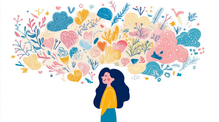 Concept: Daydreaming - Artistic depiction of a woman with floral and heart thoughts