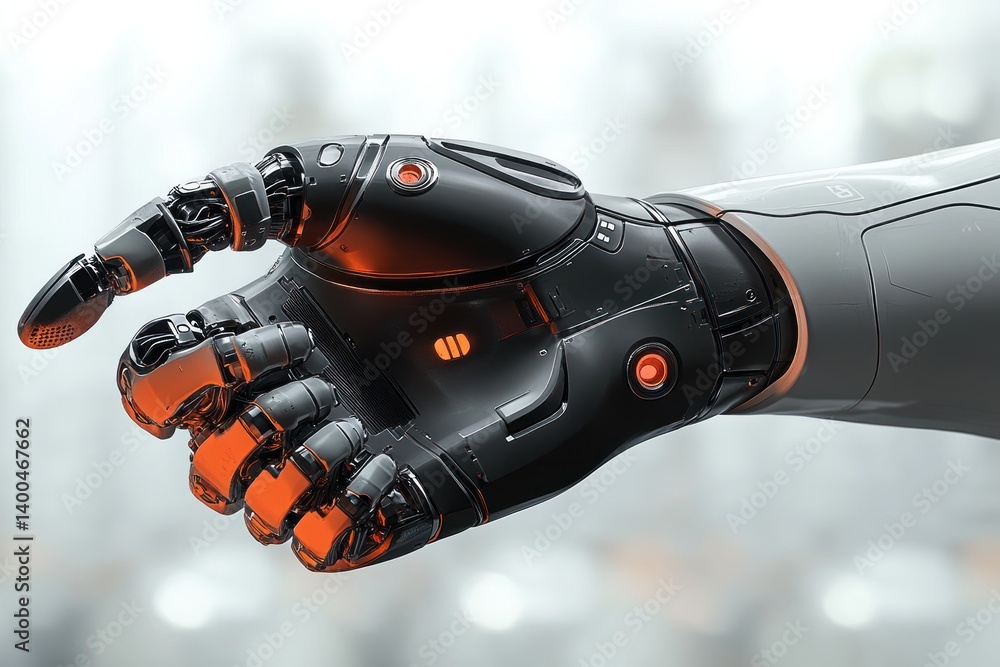 Poster high-tech robotic arm futuristic design cybernetic hand prosthetic machine technology innovation 3d 