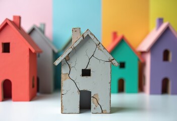 Worn-Out Cardboard House Among Colorful New Homes Symbolizing Housing Inequality and Property Disparity