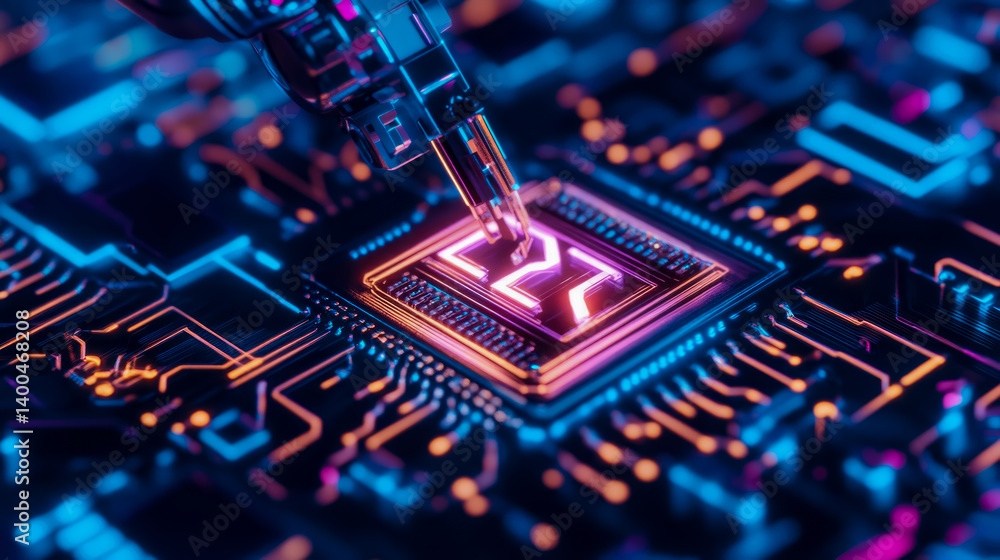 Poster robotic precision: circuit board debugging, hi-tech futuristic concept, engineering innovation, tech
