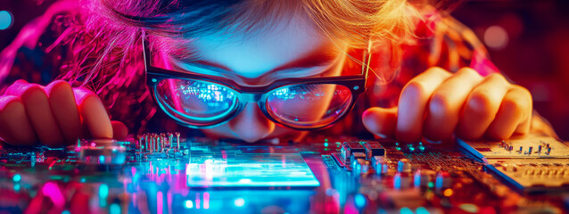 Cyberpunk Child: Close inspection of a Futuristic Circuit Board, glowing with neon lights
