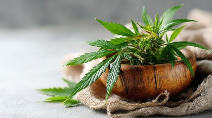 Fototapeta premium Cannabis Flower in Wooden Bowl with Leaf on Light Background, Aerial View – Natural Herb Concept for Medical and Recreational Use
