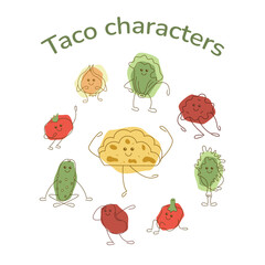 Set with cute taco filling characters. Hand drawn clipart illustration for your projects.