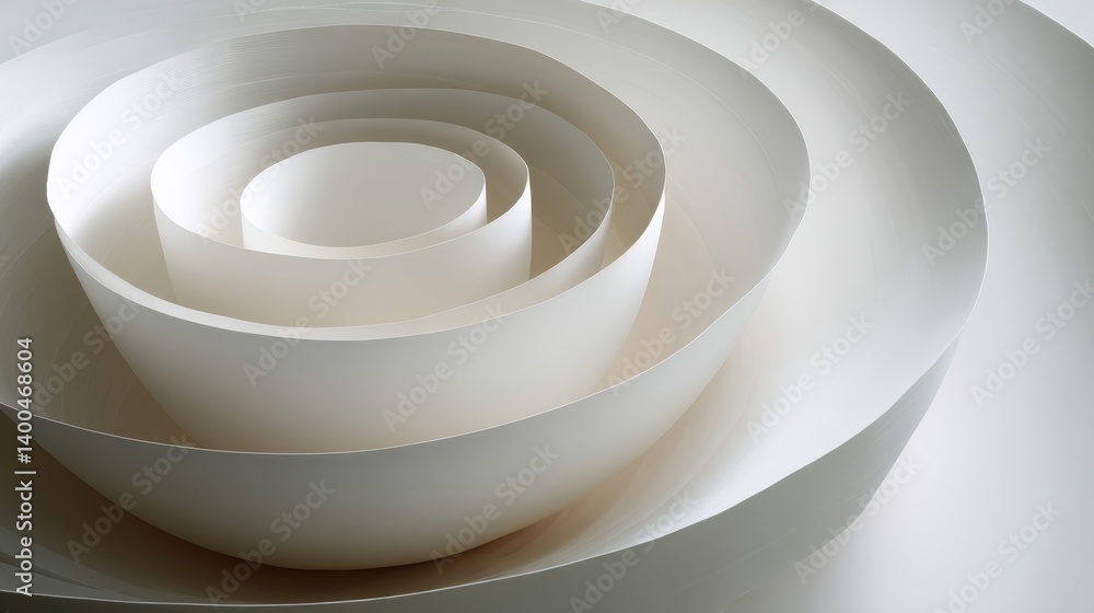 Poster Overhead view showcases intricate layered paper cutouts in pearl white and dove gray, presenting subtle depth and ample copy space on a white background