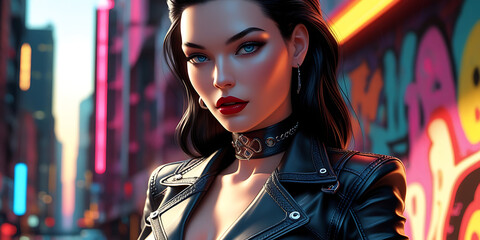 Woman Wearing Black Leather Jacket and Choker Stands in Front of Vibrant Urban Mural Illuminated