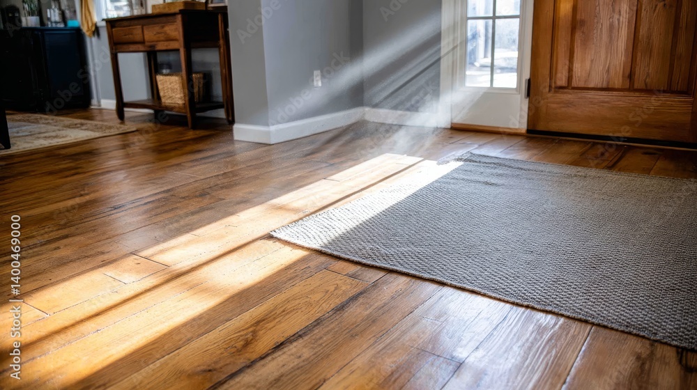 Aufkleber sunlight streams through a window, casting beams across smooth oak flooring, while dust particles fl