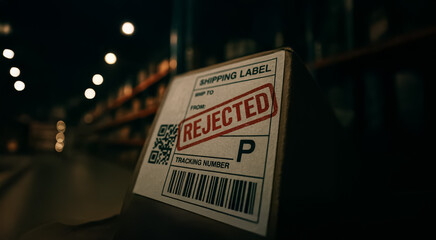 Close-up of a rejected package label in a dark warehouse, symbolizing denied shipments or failed quality checks in a moody, cinematic style.