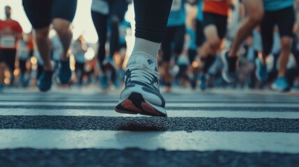 Close-up of runner's feet during a crowded marathon race, crossing a pedestrian crossing.