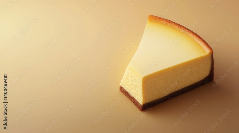 Poster creamy cheesecake slice on a beige background showcasing smooth texture and golden crust in a minima