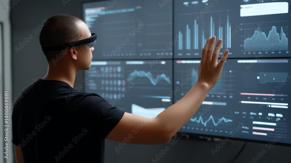 Aufkleber In a dark analytics lab, a data scientist manipulates 3D holographic charts with gesture controls while wearing smart glasses, displaying analytical insights