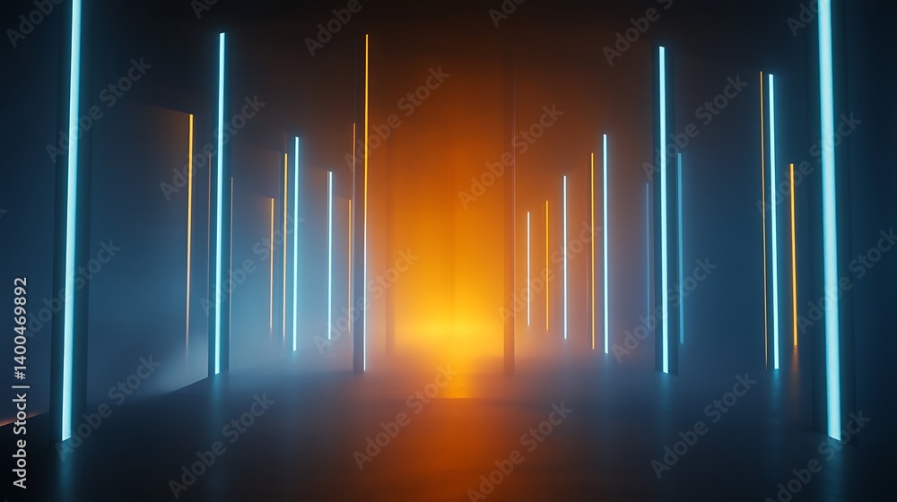 Poster abstract digital art showcasing illuminated vertical lines in blue and orange hues creating a modern