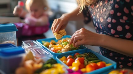 Woman preparing healthy lunch boxes with vegetables and tofu for kids.