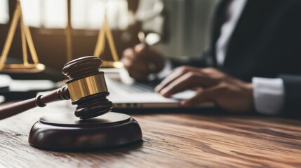 Judge's gavel on wooden desk with laptop; legal professional working.