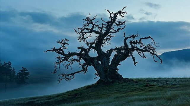A gnarled, leafless tree stands silhouetted against a misty, blue dawn