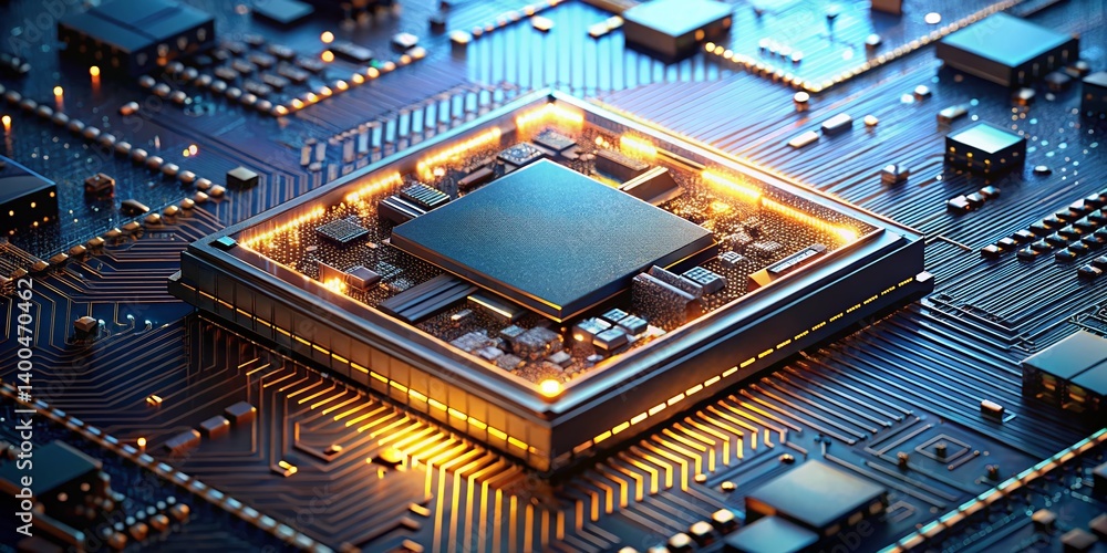 Poster high-detail close-up of a complex computer cpu chip, showing intricate circuitry and microarchitectu