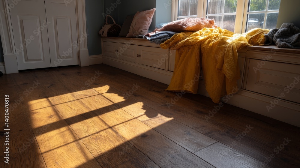 Aufkleber natural light brightens a cozy reading nook featuring a cushioned bench with colorful throws and stu