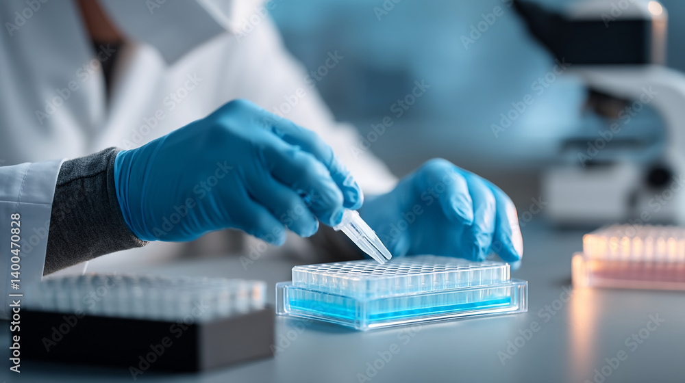 Poster scientist working with a multi well plate and pipette in a laboratory environment for research