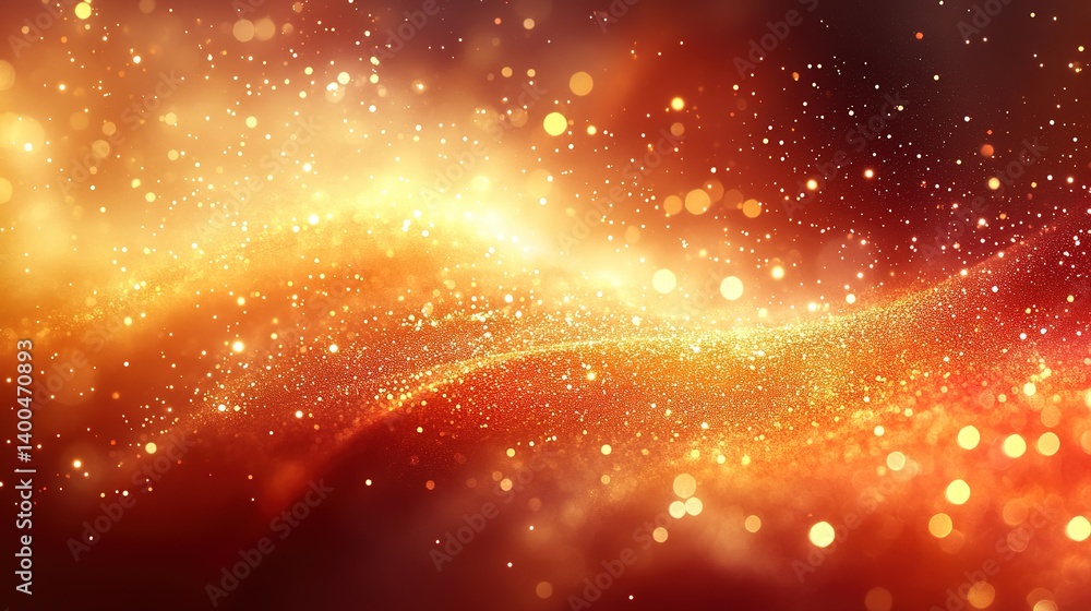 Poster abstract fiery particle wave design with blurred golden bokeh effects