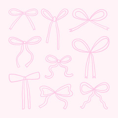 Pastel Pink Hand Drawn Ribbon Bow. A charming collection of 9 pastel pink ribbon bows with various shapes from curly to symmetrical all in soft hand drawn outline style