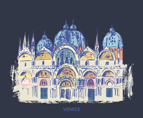 Fototapeta premium Hand drawn architecture urban sketch. Colored black ink landscape line drawing of Italy ancient city. Romantic travel background for cards and posters